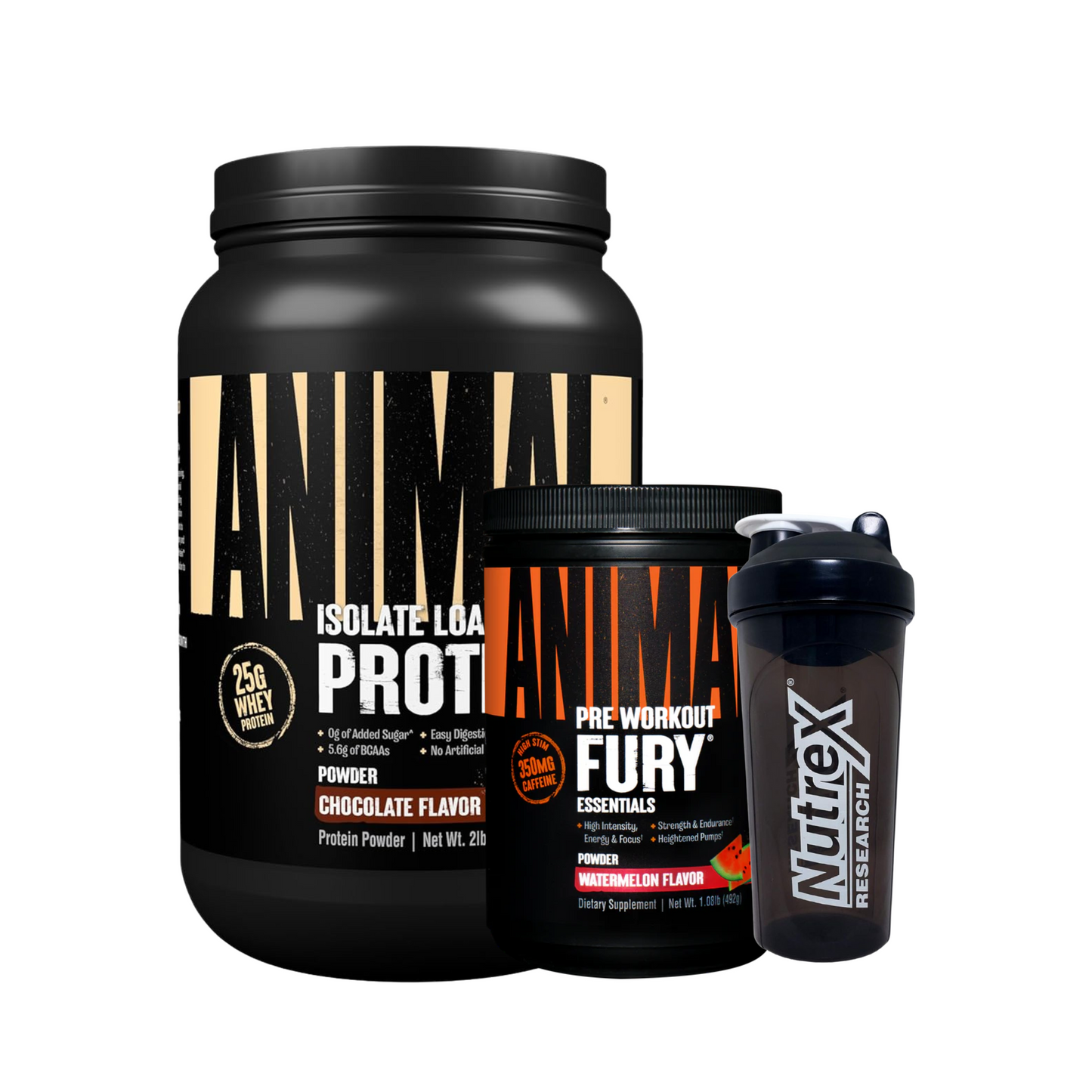 Animal Isolate Whey 2lb, Pre Workout Animal Fury 30 Servings, Nutrex Black Shaker