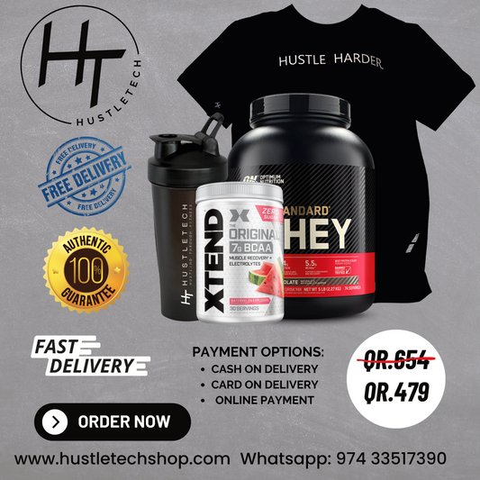 Hustle Harder T-Shirt | Gold Standard Whey Protein 4LBS | Xtend BCAA | HT Protein Shaker